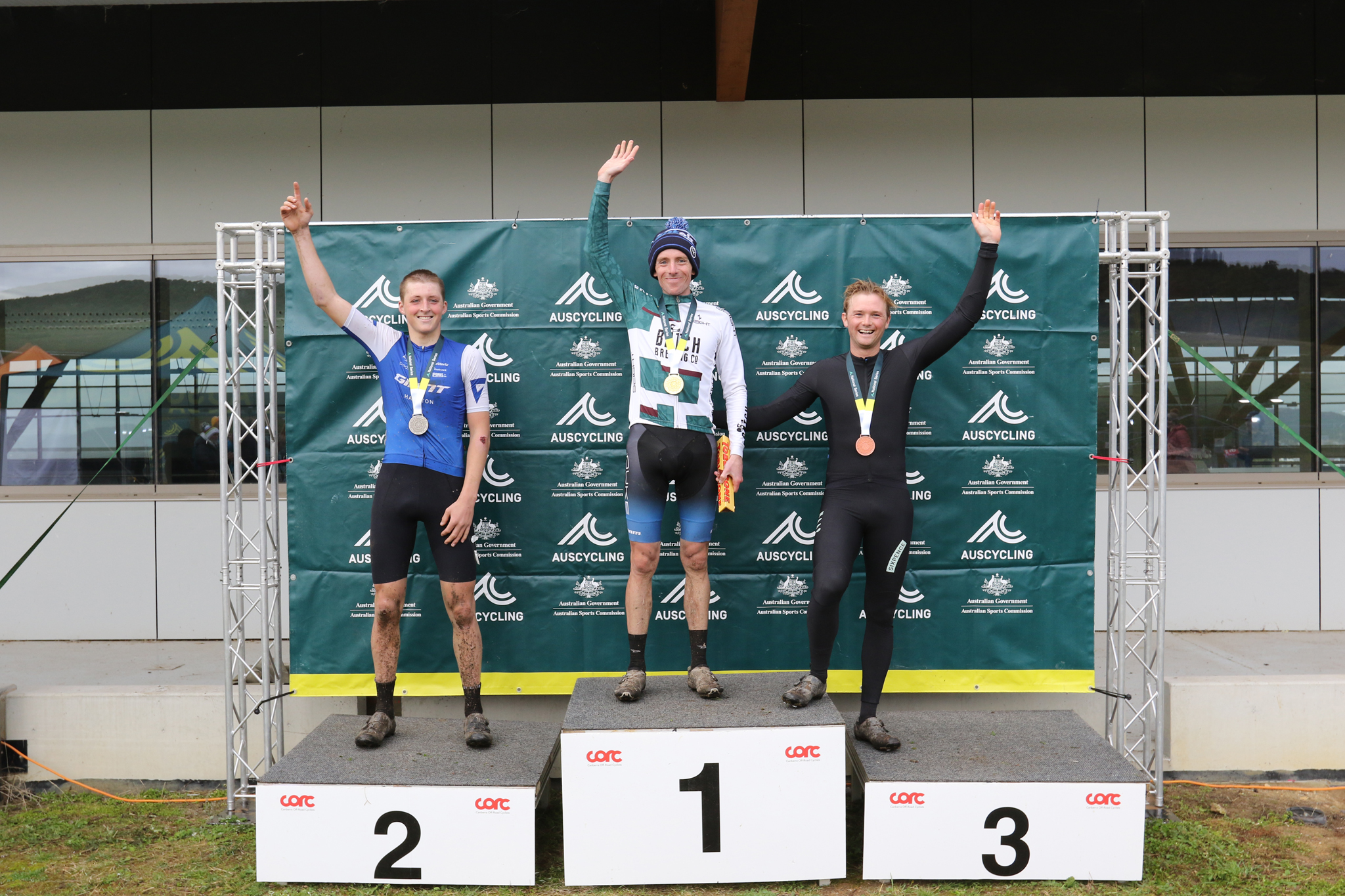 The elite men podium of round 4 of the 2026 AusCycling Cyclo-cross National Series in Canberra