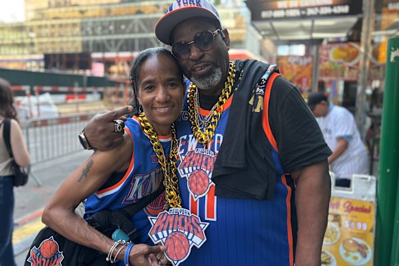 Sonya Badger (left) and Colin Ray outside Madison Square Garden ahead of game 2 of the NBA finals.
