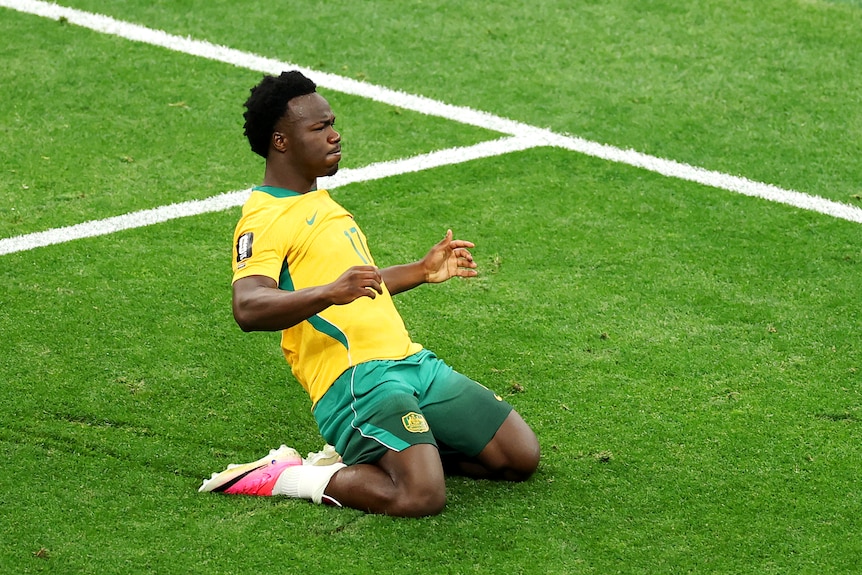 Nestory Irankunda celebrates putting the Socceroos in front.