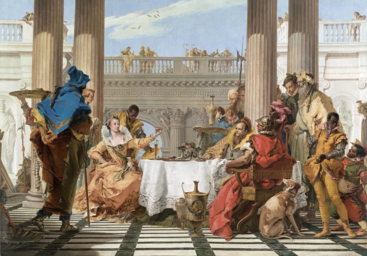 A neoclassical painting depicting a gowned woman and a robed man sitting at a banquet in a palace, surrounded by courtiers.