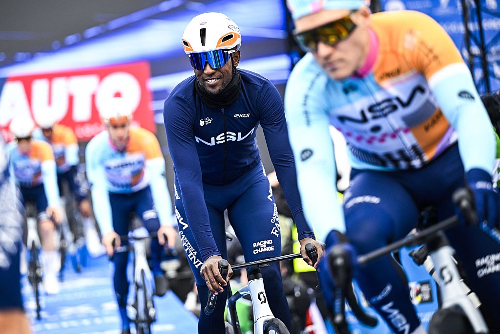 NSN Cycling Team's Eritrean rider Biniam Girmay arrives at the start of the 'E3 Classic', one day cycling race, 208.8 km from and to Harelbeke, on March 27, 2026. (Photo by JASPER JACOBS / Belga / AFP) / Belgium OUT
