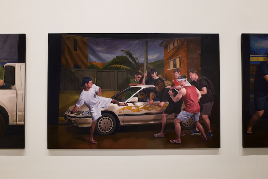 A painting of an angry mob surrounding a person in a white car.