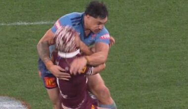 Kalyn Ponga was flattened by Kotoni Staggs. Image: Nine