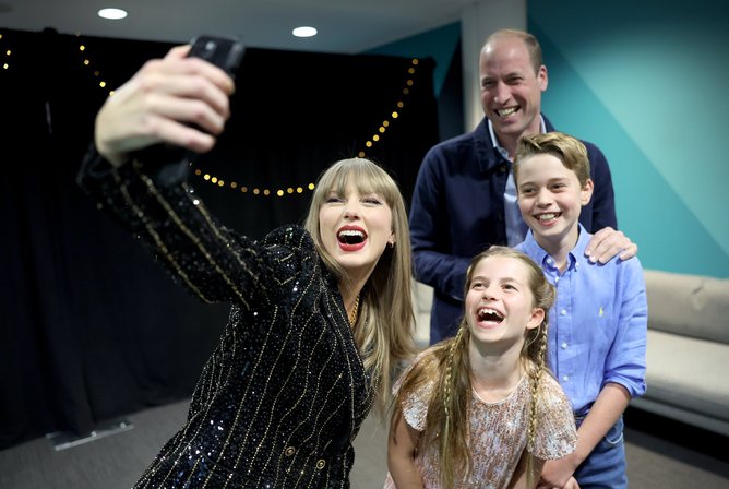 Prince William, Prince George and Princess Charlotte pictured with Taylor Swift backstage after her London Eras tour concert.