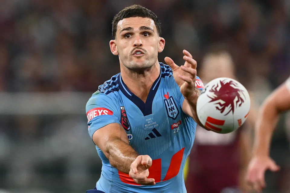 Nathan Cleary passes the ball.