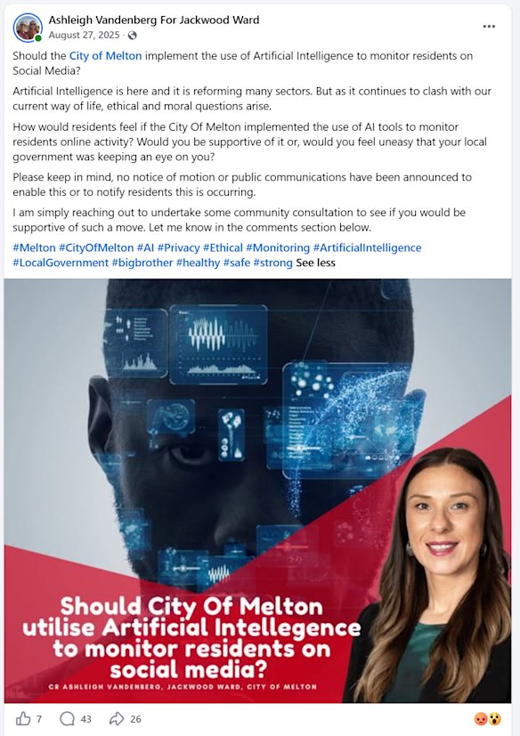 Vandenberg’s Facebook post on Melton council’s use of AI was deemed to have misled residents.