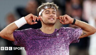 Flavio Cobolli of Italy celebrates match point against Felix Auger-Aliassime of Canada