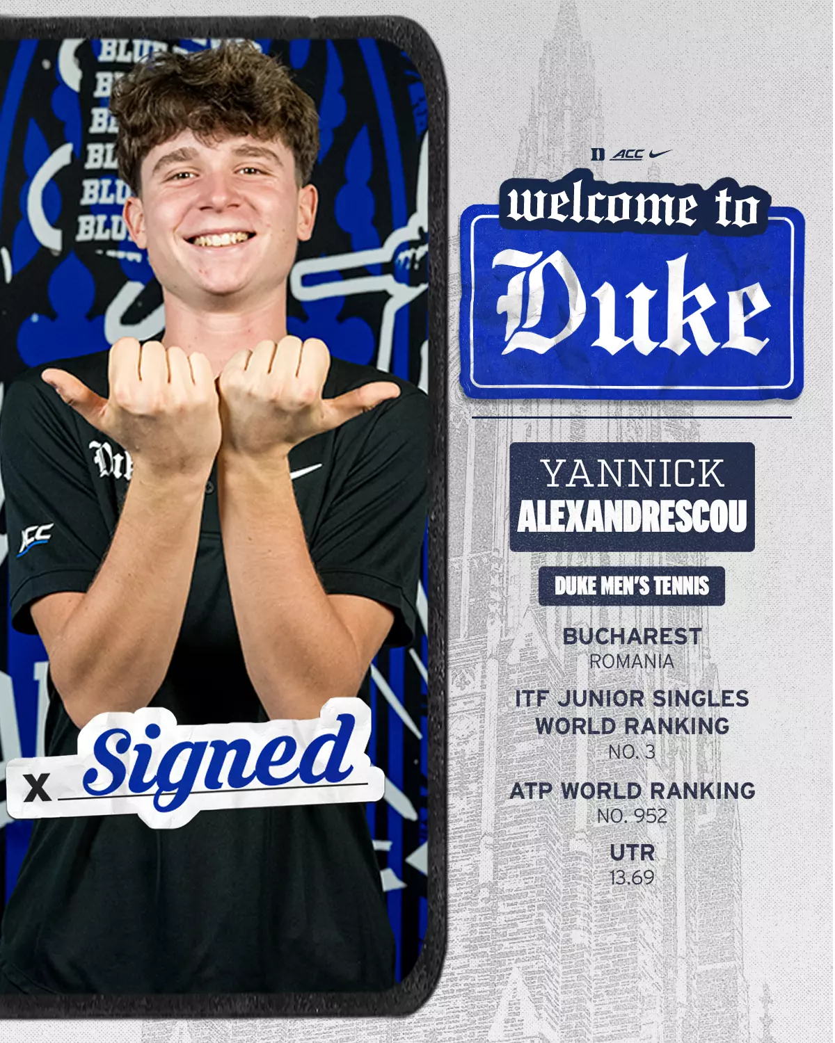 A graphic showing Yannick Alexandrescou signed to pay collegiate men's tennis at Duke.