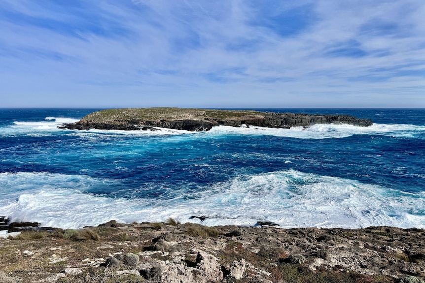 rough waves around a rocky island