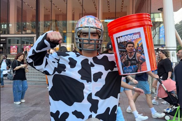 Sports fan Nick Conforti outside Madison Square Garden for a watch party for game 2.