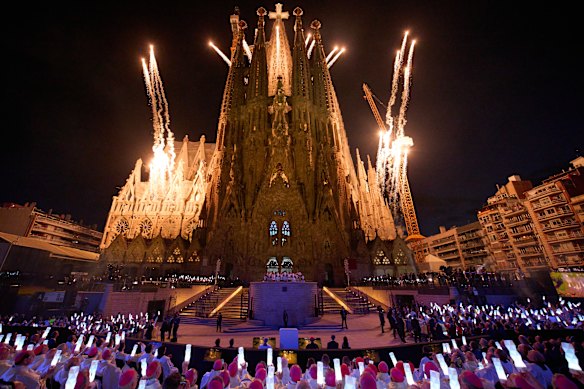 Fireworks mark the inauguration of the Tower of Jesus Christ by Pope Leo XIV at the Sagrada Familia in Barcelona last week.
