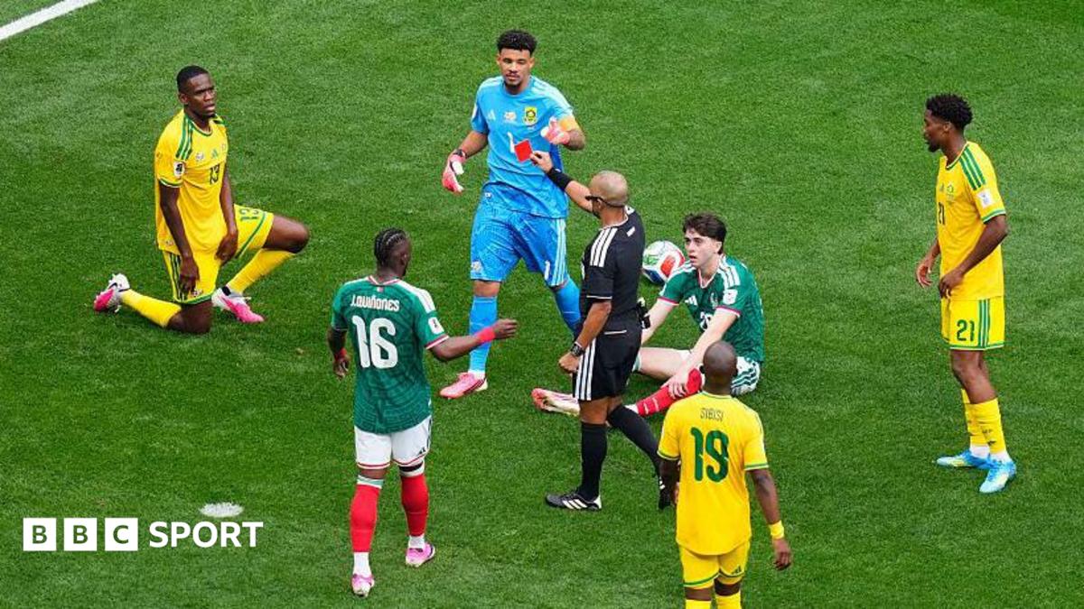 Brian Gutierrez of Mexico is fouled by Sphephelo Sithole of South Africa. Sithole was issued a red card.