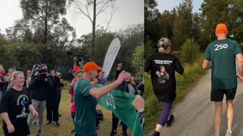 Two images side by side show a man in a green t-shirt surrounded by crowds as he runs outdoors