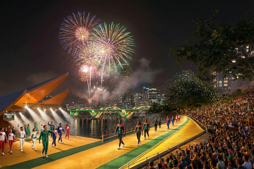 A render of people walking along a yellow and green striped walkway with fireworks in the background.