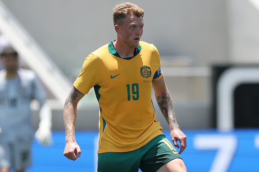 Harry Souttar of Australia controls the ball during the international friendly match against Switzerland.
