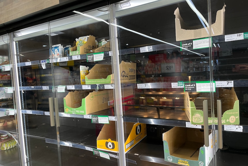 Empty fridge shelves in a supermarket.