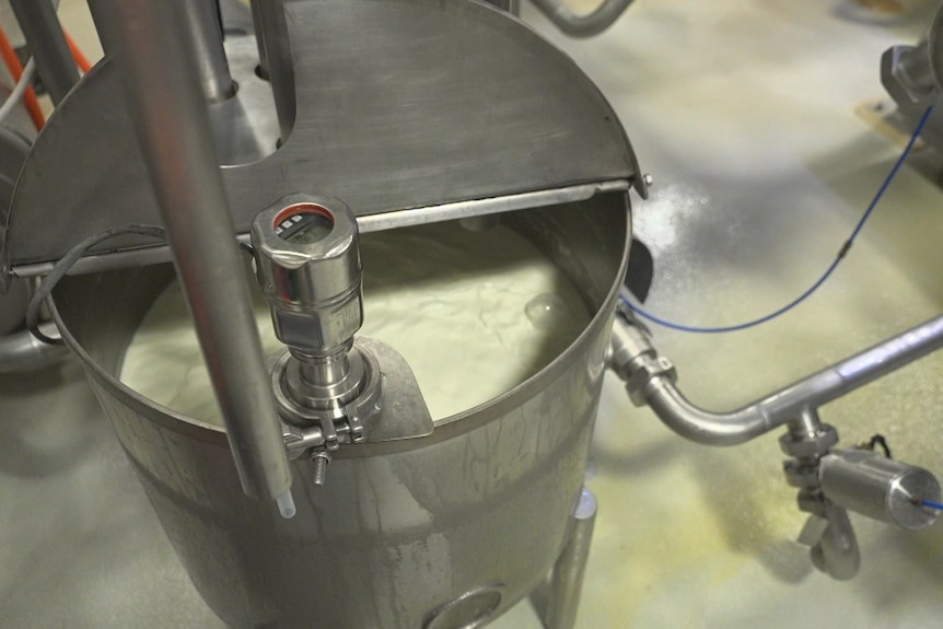 Milk being processed in a metal vat in a warehouse.
