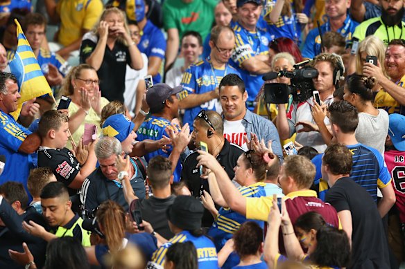 Jarryd Hayne with Eels fans after his NFL stint.