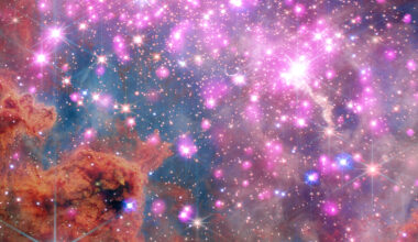 Scores of gleaming stars ringed in neon pink stretch across the frame, highlighting a cluster where stars are between one and three million years old. Brick-orange dust clouds along the bottom edge illustrate the raw materials of this active stellar nursery.