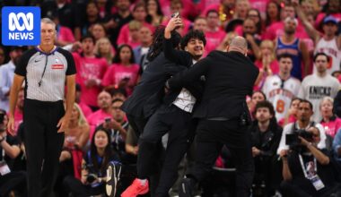 New York Knicks win NBA finals game one against San Antonio Spurs as fan invades court