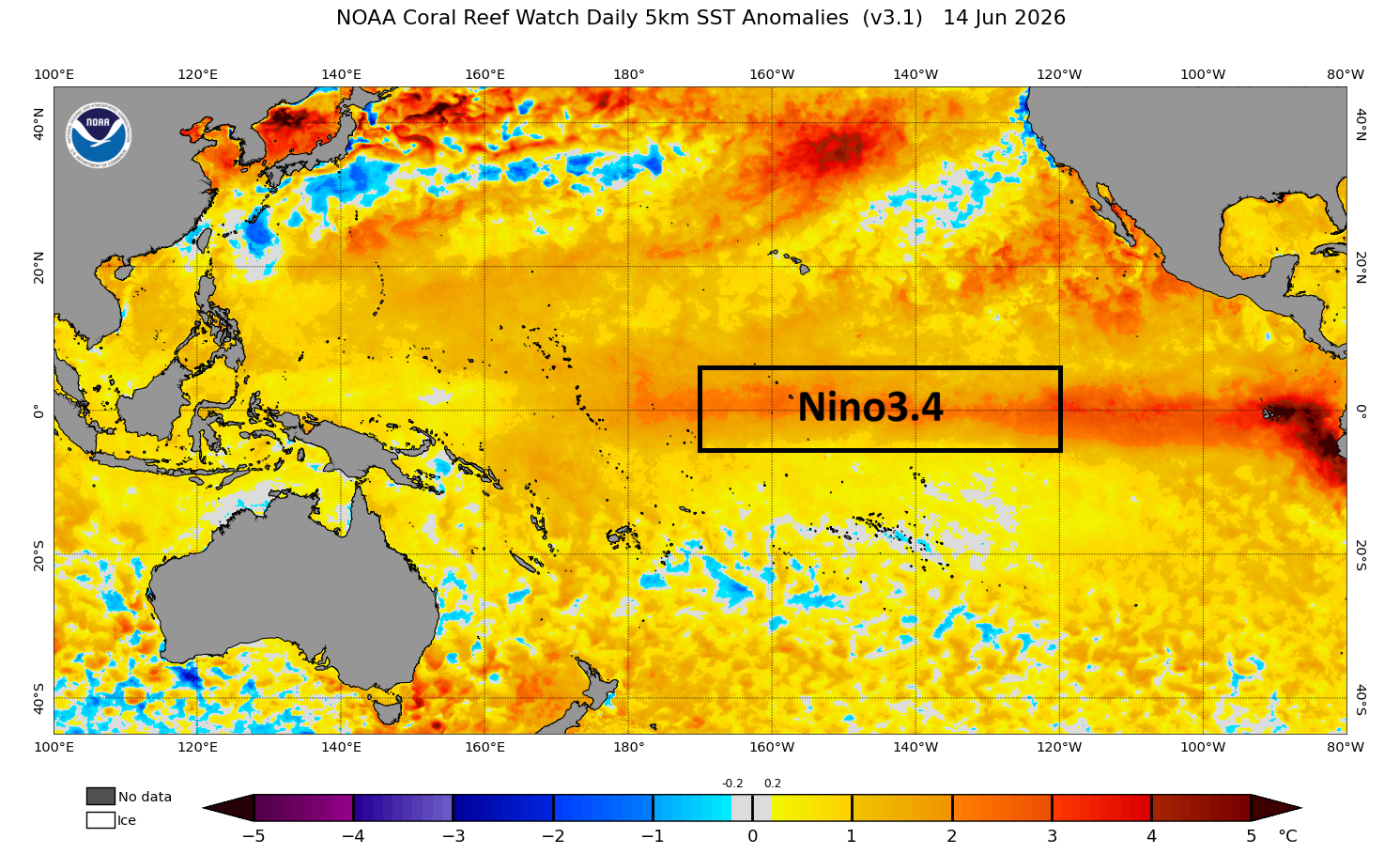 A graphic with oceans around Australia highlighted in yellow, orange and red to indicate higher temps.