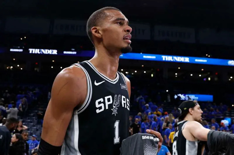May 30, 2026; Oklahoma City, Oklahoma, USA; San Antonio Spurs forward Victor Wembanyama (1) celebrates after defeating the Oklahoma City Thunder in game seven of the western conference finals for the 2026 NBA playoffs at Paycom Center. Mandatory Credit: Alonzo Adams-Imagn Images
