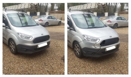 A composite of before and after images after bogus insurance claim
