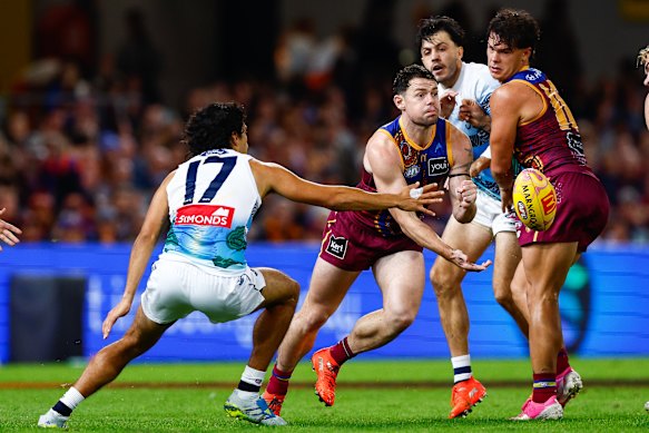 Lachie Neale in full flight against the Cats. 