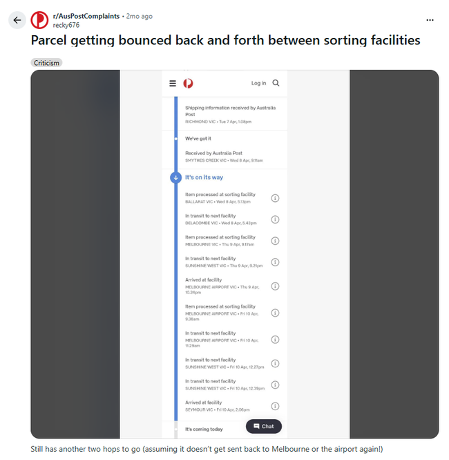 A user shared a screenshot of their parcel being redirected between multiple facilities.