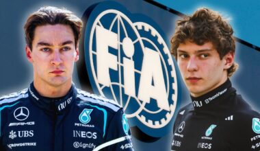 Shots of Russell and Antonelli in Mercedes race suits from the shoulders upwards looking concerned with a background of a blue building with the white FIA logo