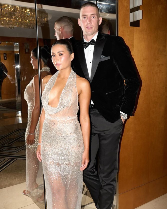 Adriana Guevara and Darcy Cameron before their first Brownlow Medal appearance.