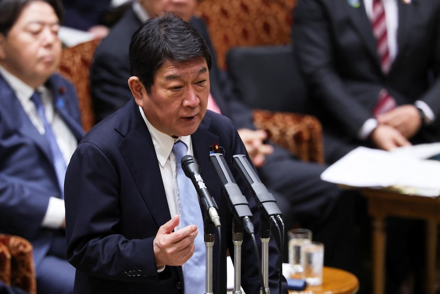 Japan's Foreign Minister Toshimitsu Motegi answering questions in parliament. 