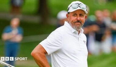 Phil Mickleson of LIV team HyFlyers GC reacts to his missed putt on the 16th green during LIV Michigan at The Cardinal at Saint John's