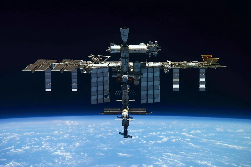The International Space Station is seen from a Russian Soyuz MS-19 spaceship after undocking in 2022 (Roscosmos State Space Corporation/AP)