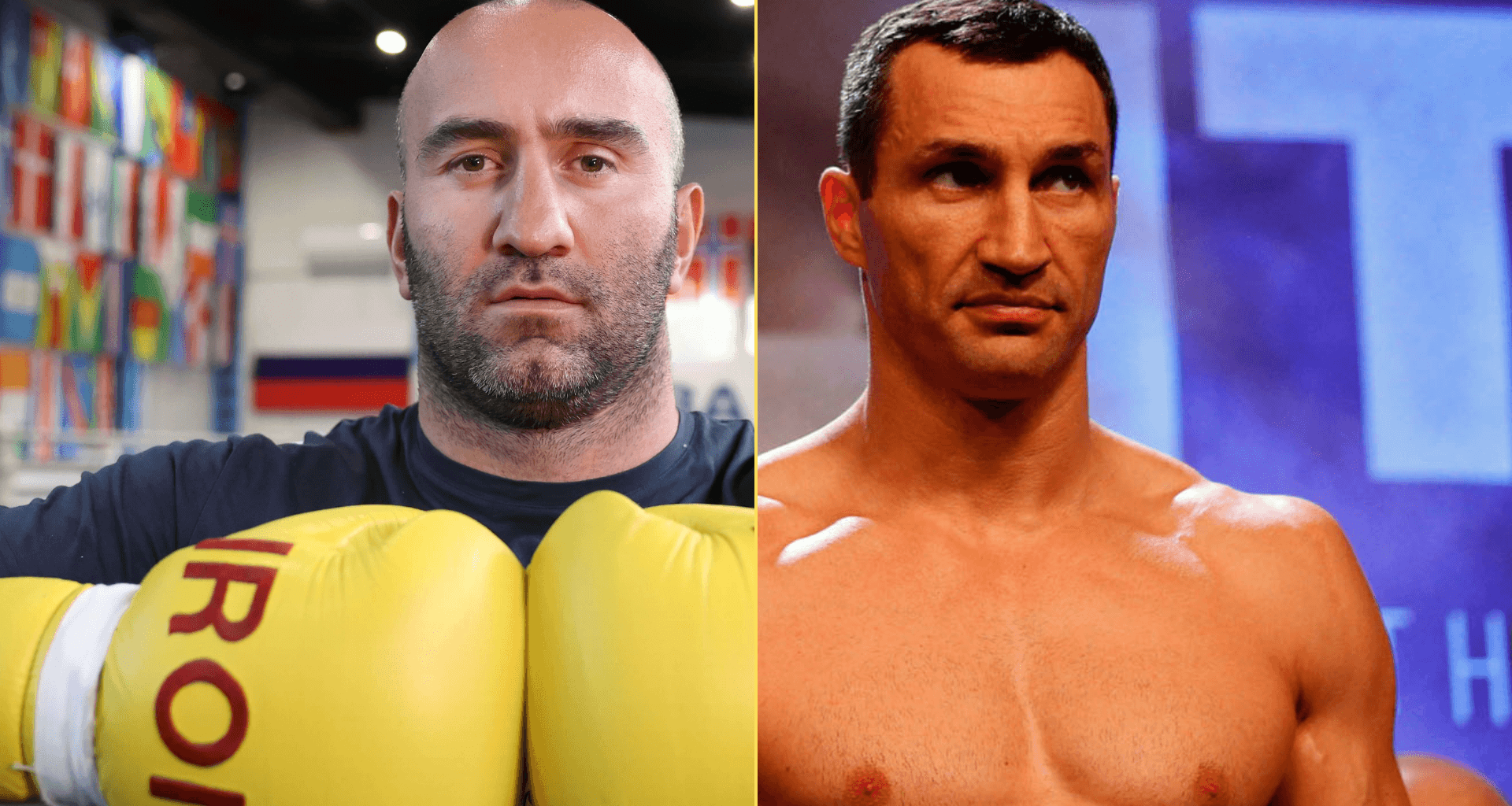 Split image of Murat Gassiev during a photoshoot and Wladimir Klitschko weighing-in