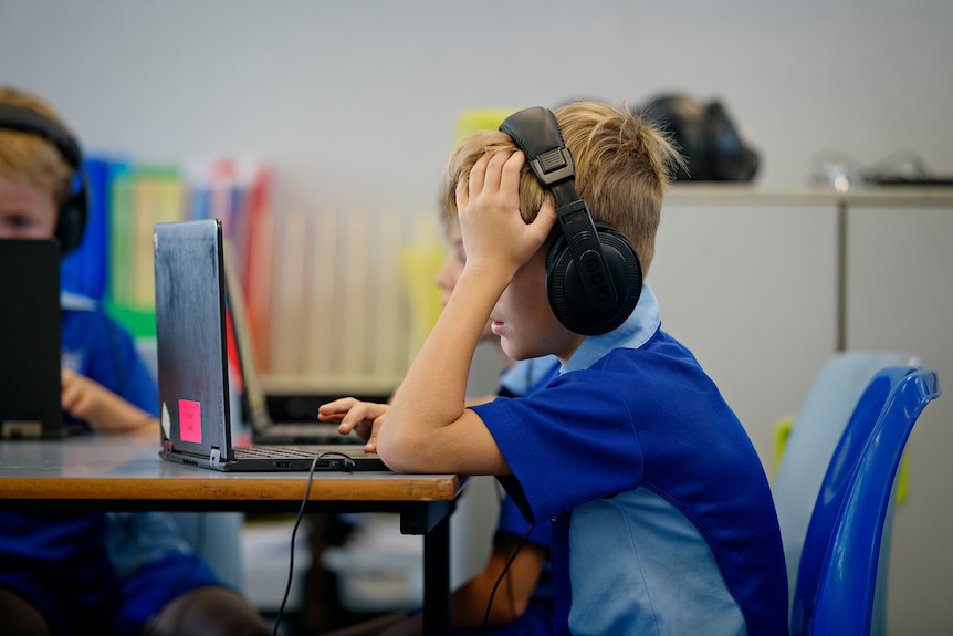 A unidentified year 3 student taking part in a practice NAPLAN test on a laptop.