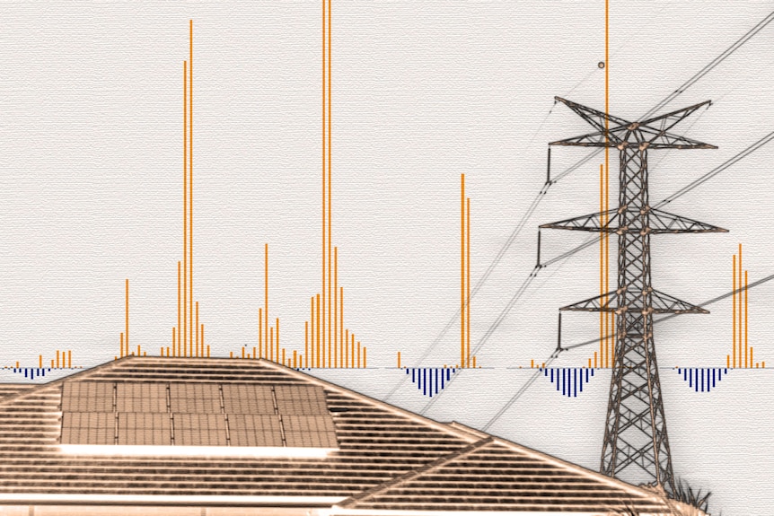 A graphic of a roof with solar PV and a transmission tower with a positive/negative chart overlayed.