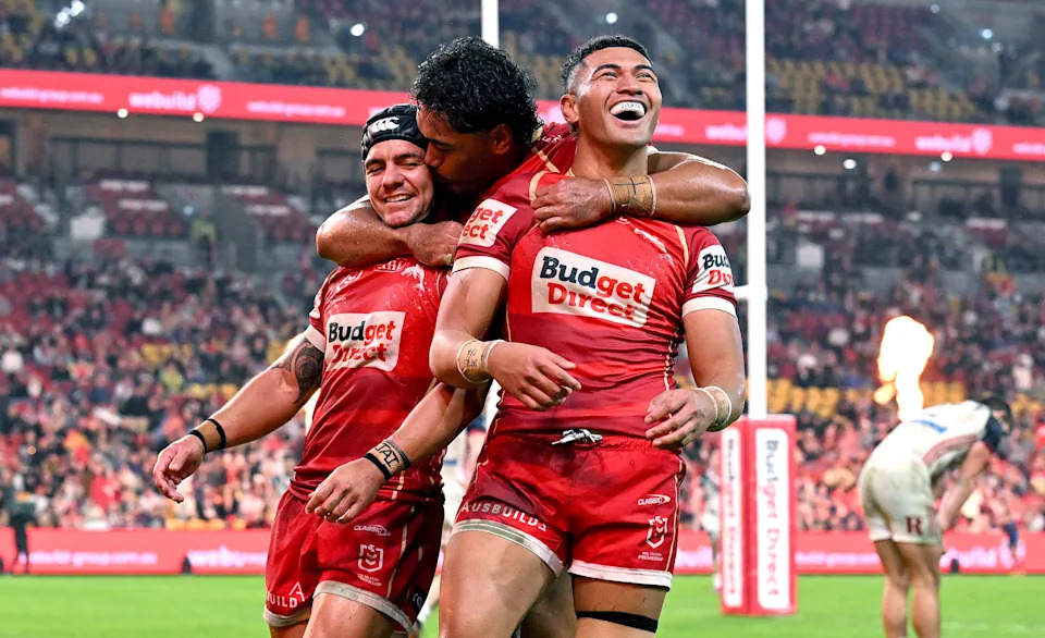 Dolphins players during their NRL win over the Roosters.