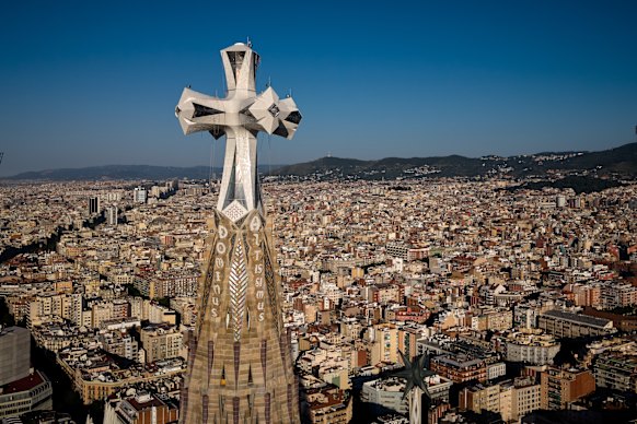 The basilica’s soaring central tower was completed in October 2025.