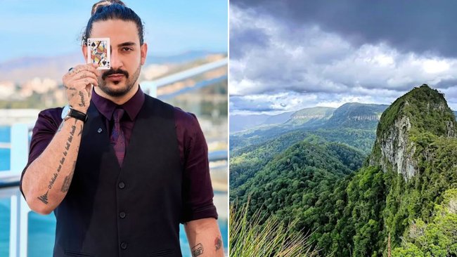 Daniel Hidden (left) and the rugged Mt Cougal area in Currumbin Valley (right), where police and emergency crews conducted a large-scale search.