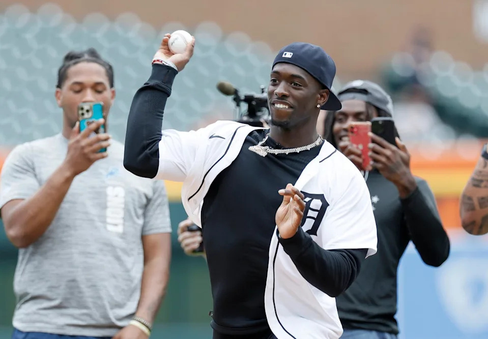 Arnold, the 24th pick in the 2024 NFL draft and a cornerback out of Alabama, throws out a a ceremonial first pitch before the Detroit Tigers game against the Washington Nationals at Comerica Park on June 13, 2024 (Getty)