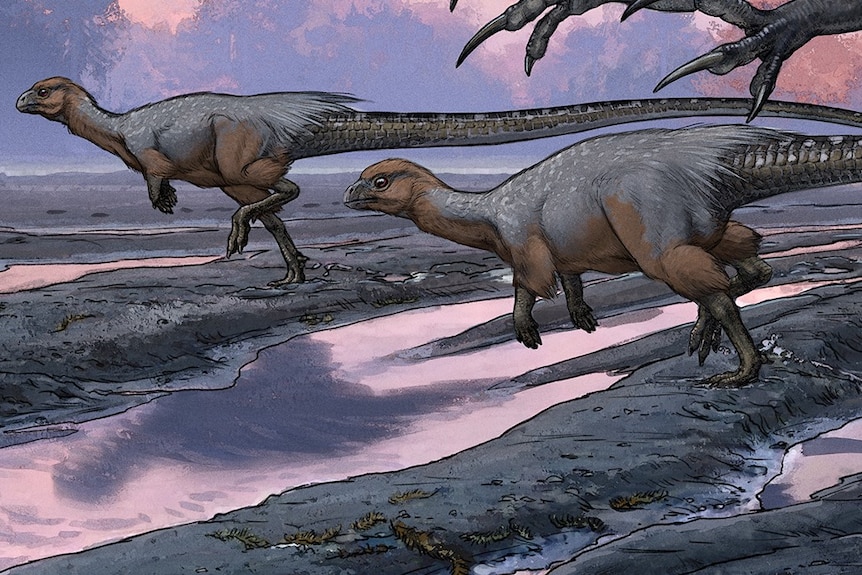 Artist's impression of two smaller dinosaurs being hunted.