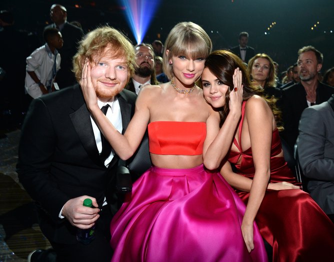 LOS ANGELES, CA - FEBRUARY 15:  Ed Sheeran, Taylor Swift and Selena Gomez attend The 58th GRAMMY Awards at Staples Center on February 15, 2016 in Los Angeles, California.  (Photo by Kevin Mazur/WireImage)