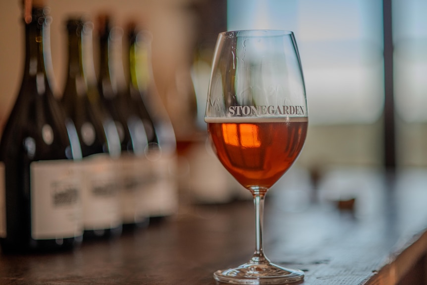 A glass of beer in a wine glass.