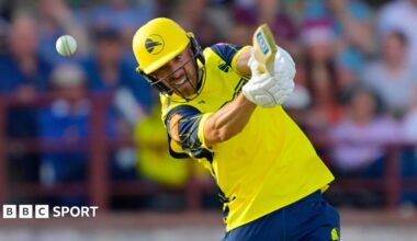 Joe Weatherley, in action for Hampshire, hitting a shot into the off-side.