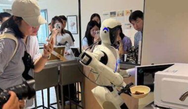 The humanoid household robot SeeLight S1 moves to a counter, picks up and heats fried chicken in a microwave in Wuhan, Central China
