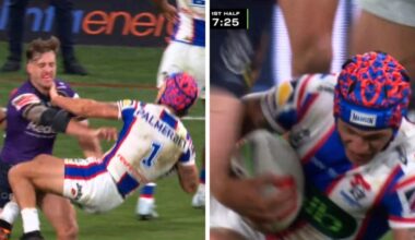 NRL 2026: Kalyn Ponga shoved to the floor by Queensland teammate Cam Munster as wild brawl breaks out