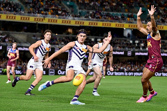 Murphy Reid in action for the Dockers. Reid has emerged as one of the team’s star players, with a football IQ that belies his age.