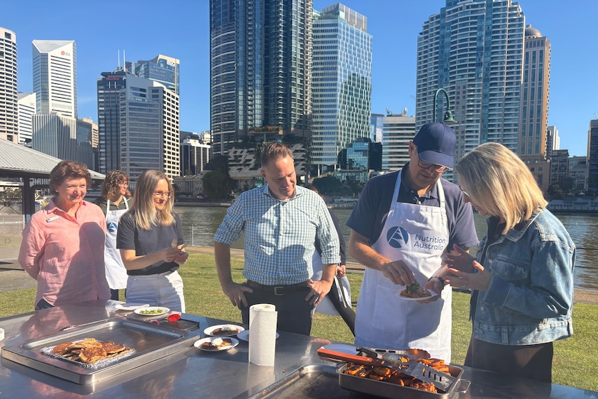 Three people, one in an apron, at a barbecue with Brisbane river and city in background.