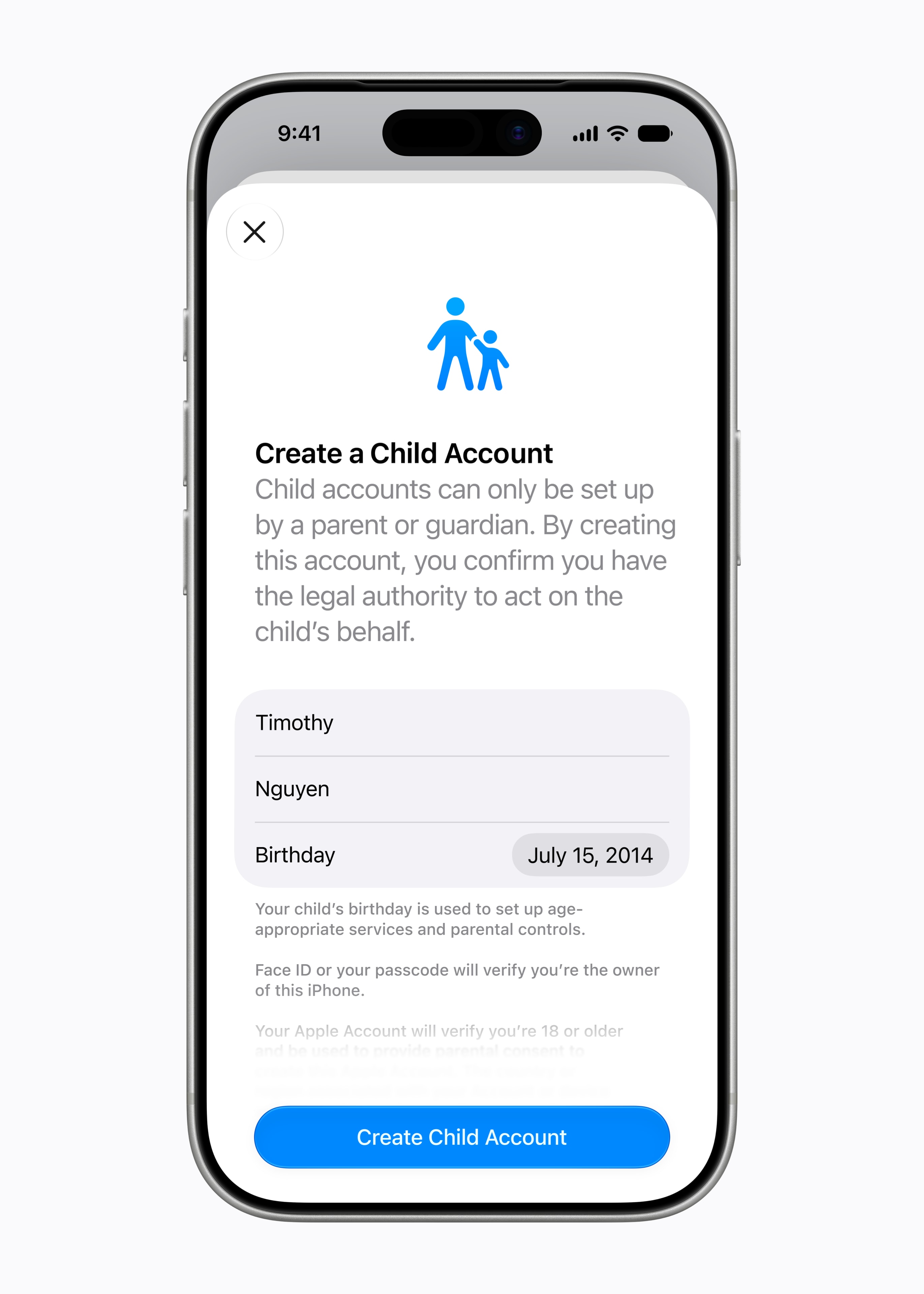 screenshot of apple iphone setting up a new child account